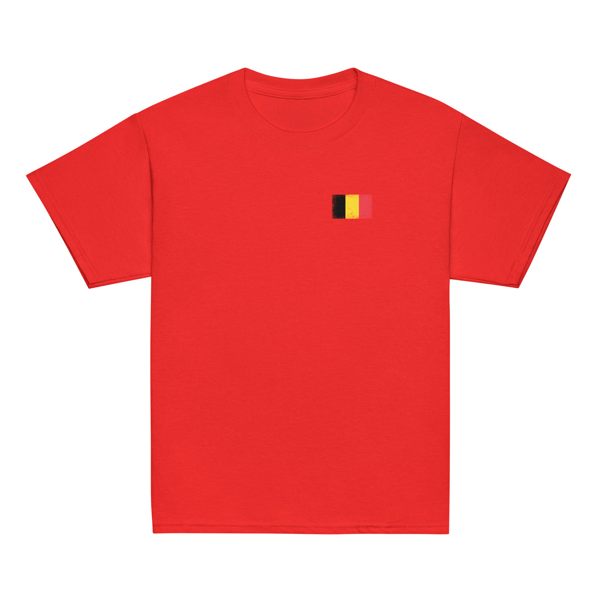 Belgium flag t-shirt in Red, vintage-washed print, small flag on the left chest, kids cut, front view