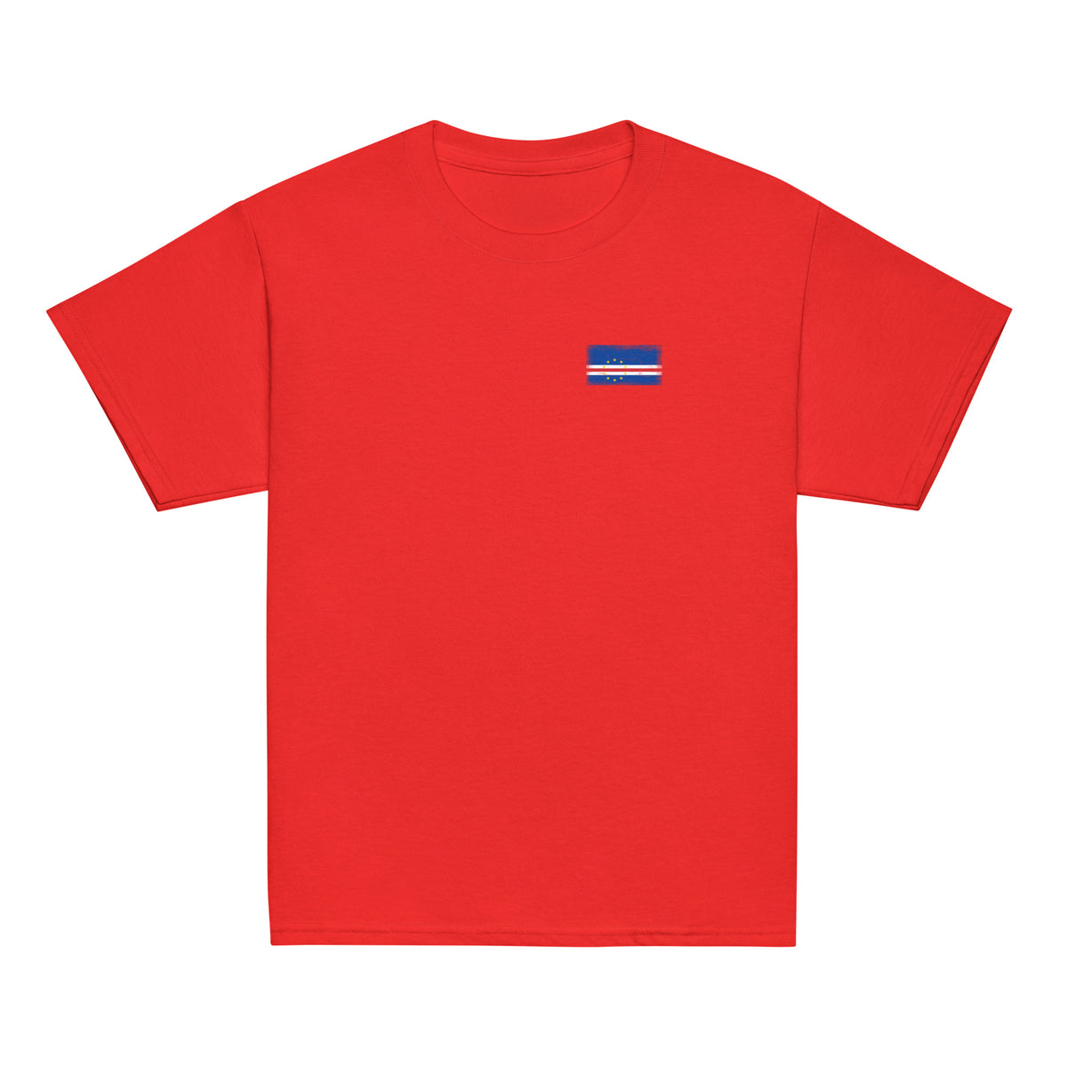 Cape Verde flag t-shirt in Red, vintage-washed print, small flag on the left chest, kids cut, front view