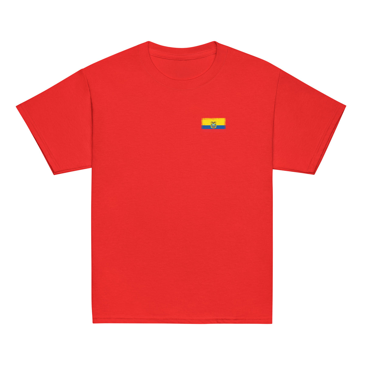 Ecuador flag t-shirt in Red, vintage-washed print, small flag on the left chest, kids cut, front view