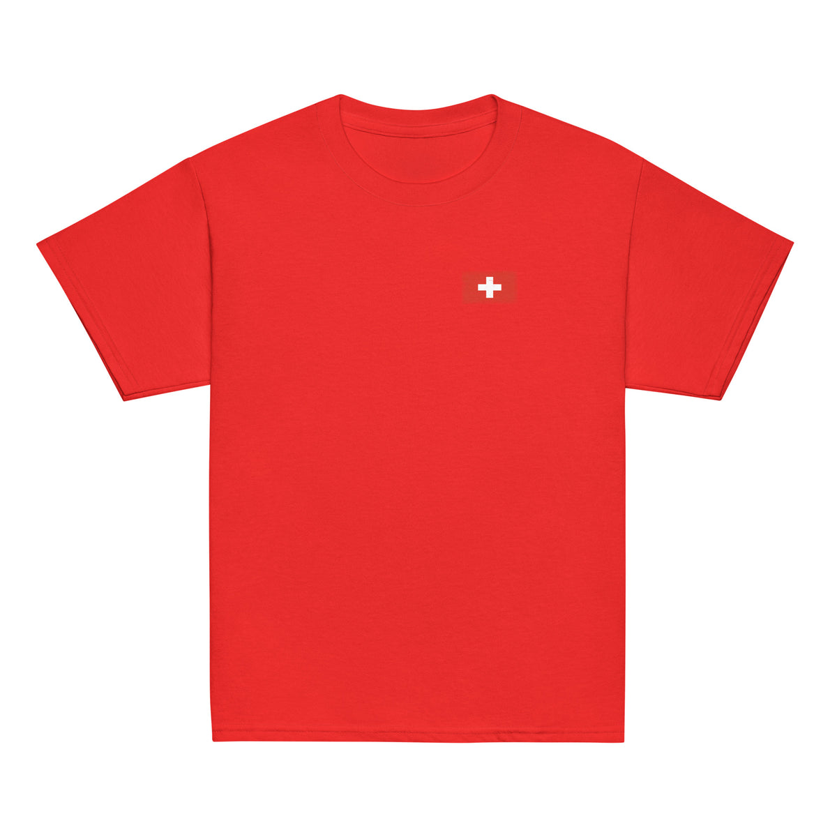 Switzerland flag t-shirt in Red, vintage-washed print, small flag on the left chest, kids cut, front view