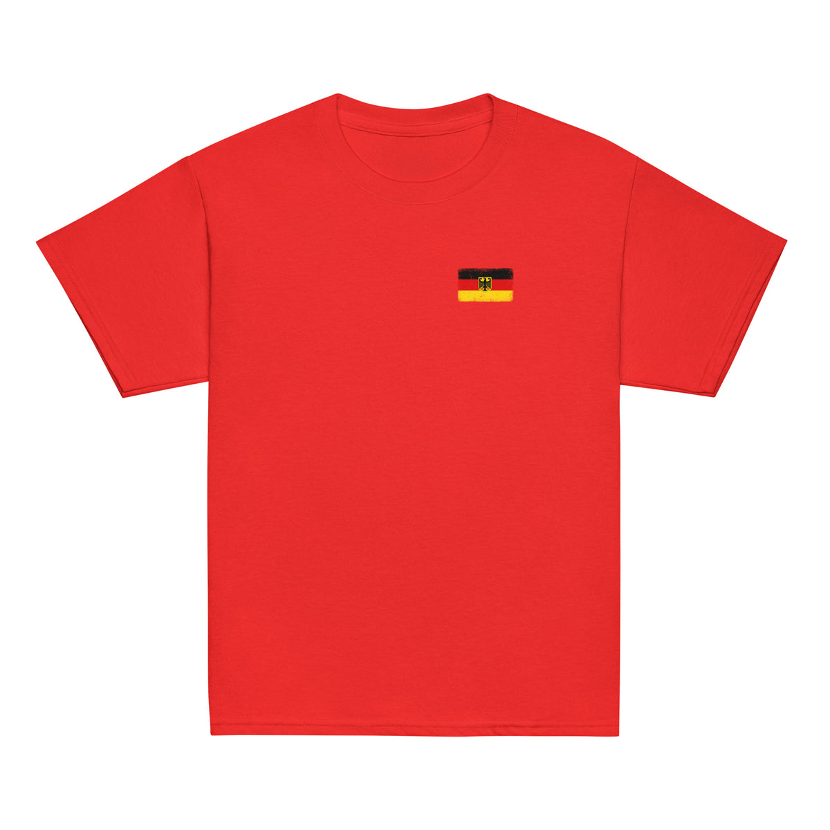 Germany flag t-shirt in Red, vintage-washed print, small flag on the left chest, kids cut, front view