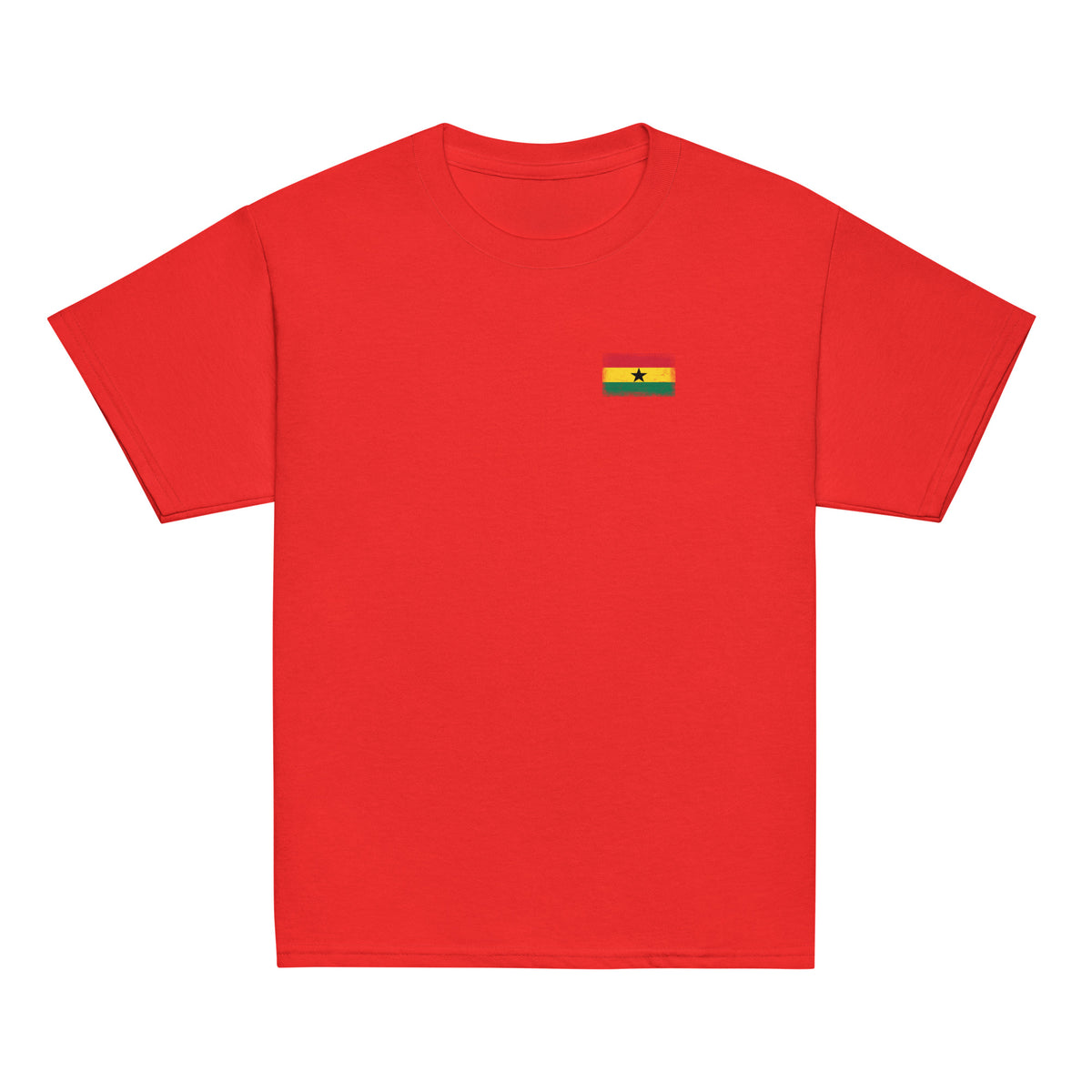 Ghana flag t-shirt in Red, vintage-washed print, small flag on the left chest, kids cut, front view