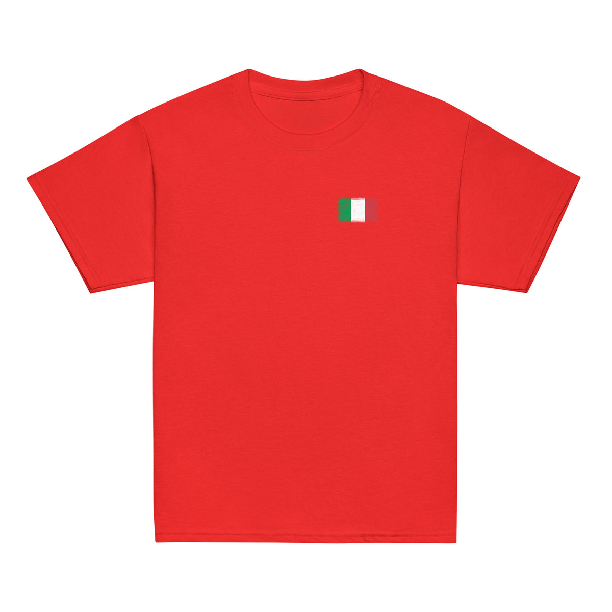 Italy flag t-shirt in Red, vintage-washed print, small flag on the left chest, kids cut, front view