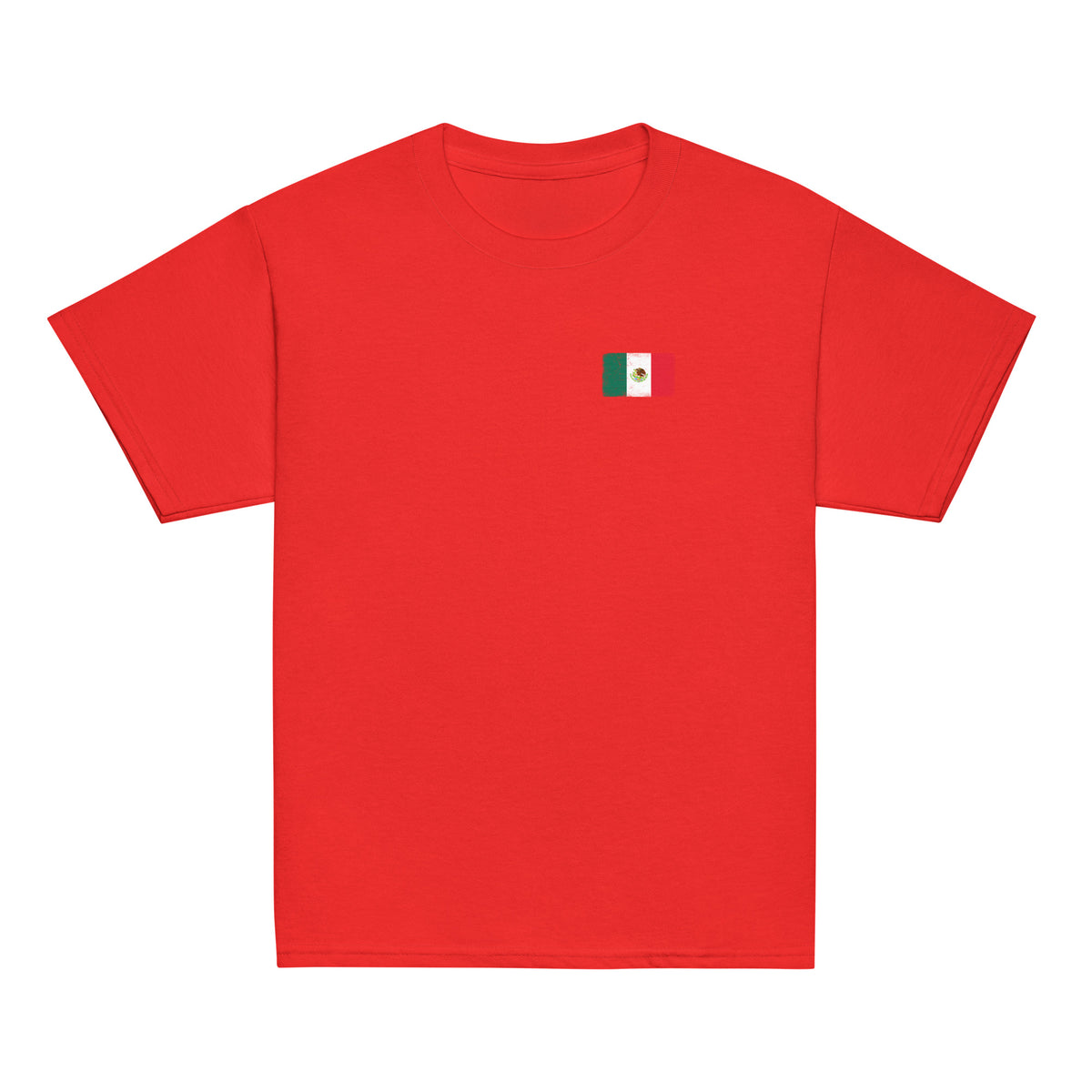 Mexico flag t-shirt in Red, vintage-washed print, small flag on the left chest, kids cut, front view