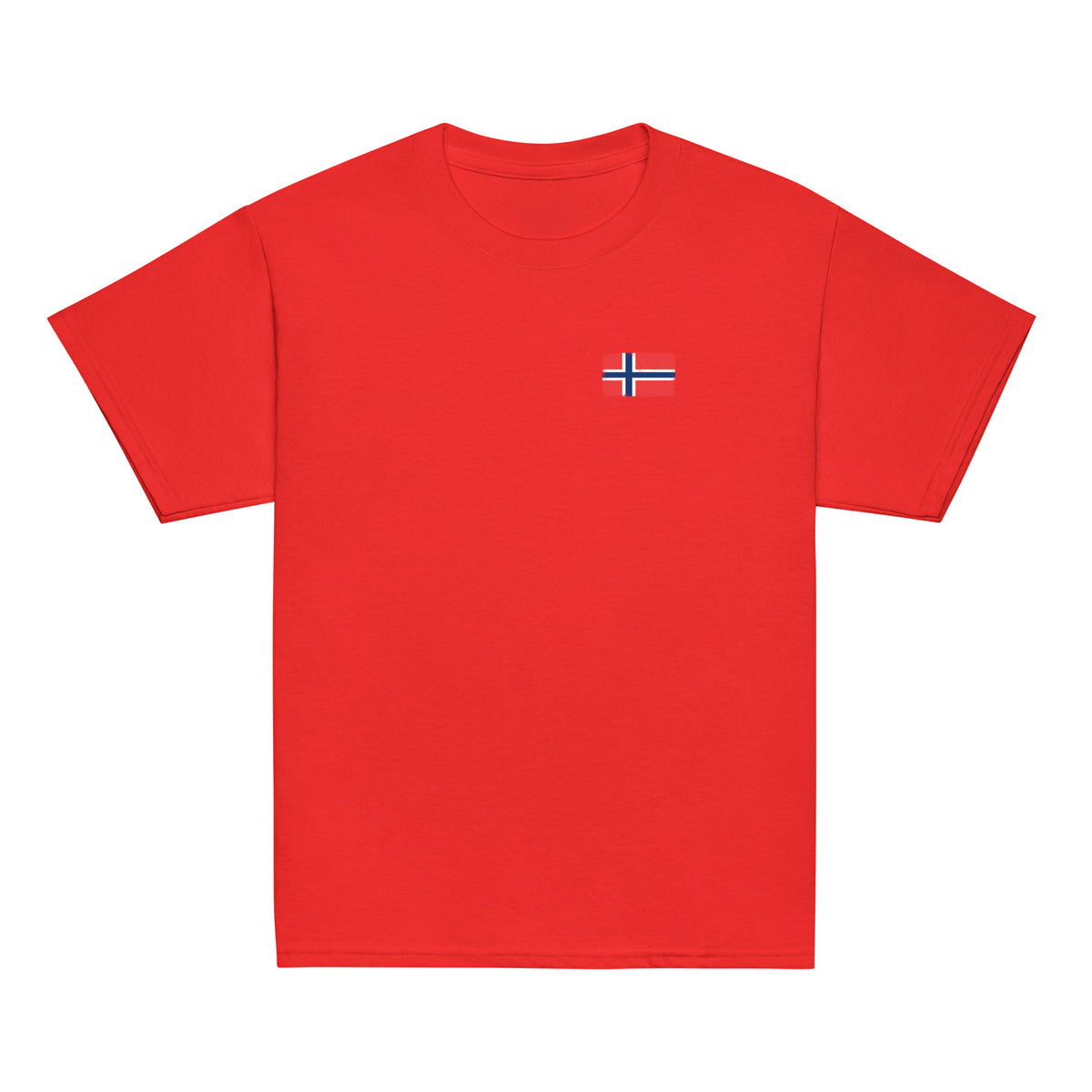 Norway flag t-shirt in Red, vintage-washed print, small flag on the left chest, kids cut, front view