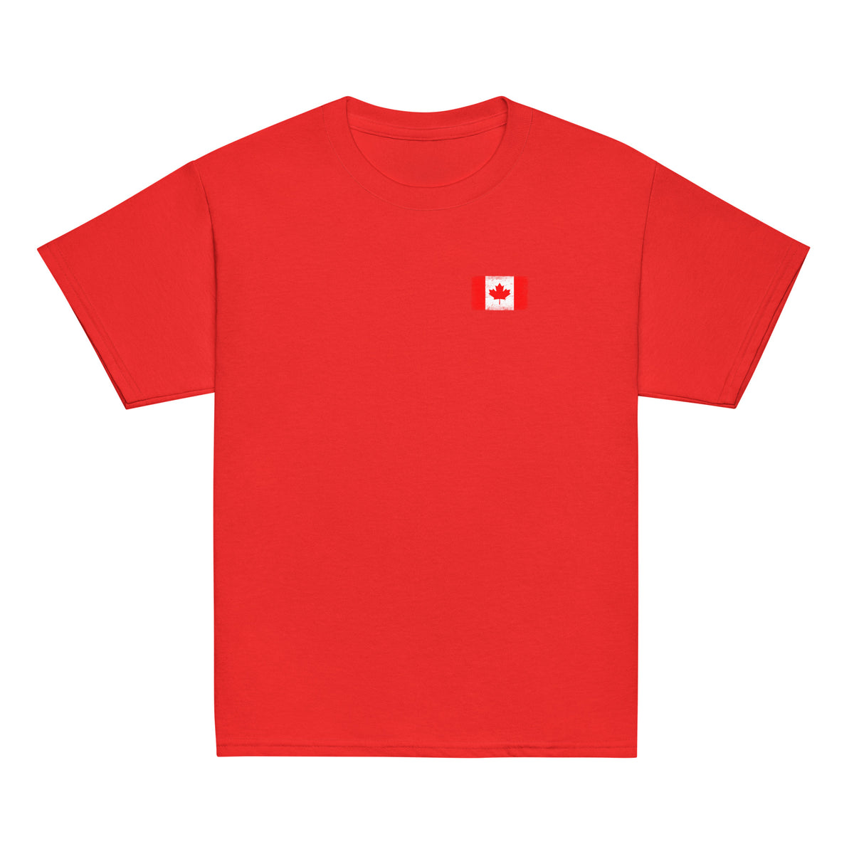 Canada flag t-shirt in Red, vintage-washed print, small flag on the left chest, kids cut, front view