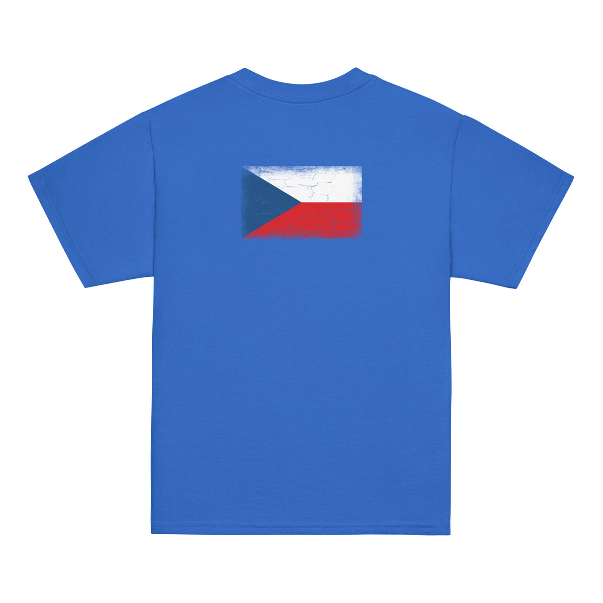 Czechia flag t-shirt in Royal, vintage-washed print, flag across the upper back, kids cut, back view