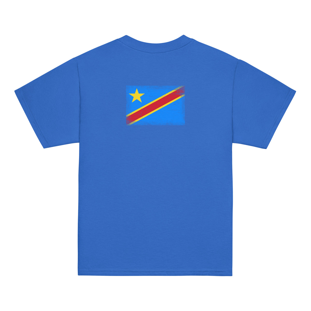 Congo flag t-shirt in Royal, vintage-washed print, flag across the upper back, kids cut, back view