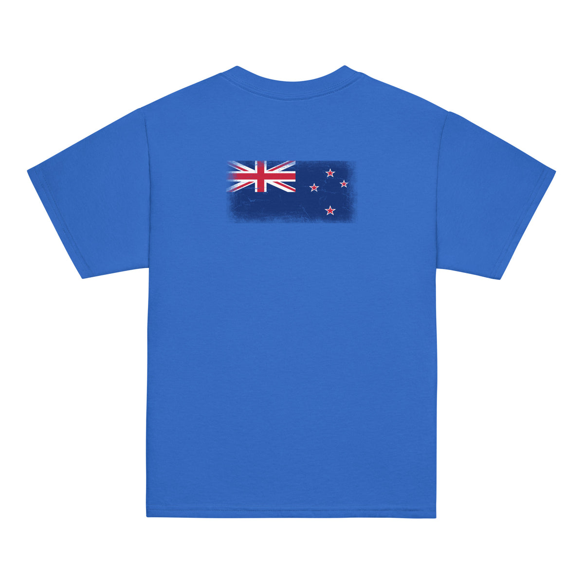 New Zealand flag t-shirt in Royal, vintage-washed print, flag across the upper back, kids cut, back view