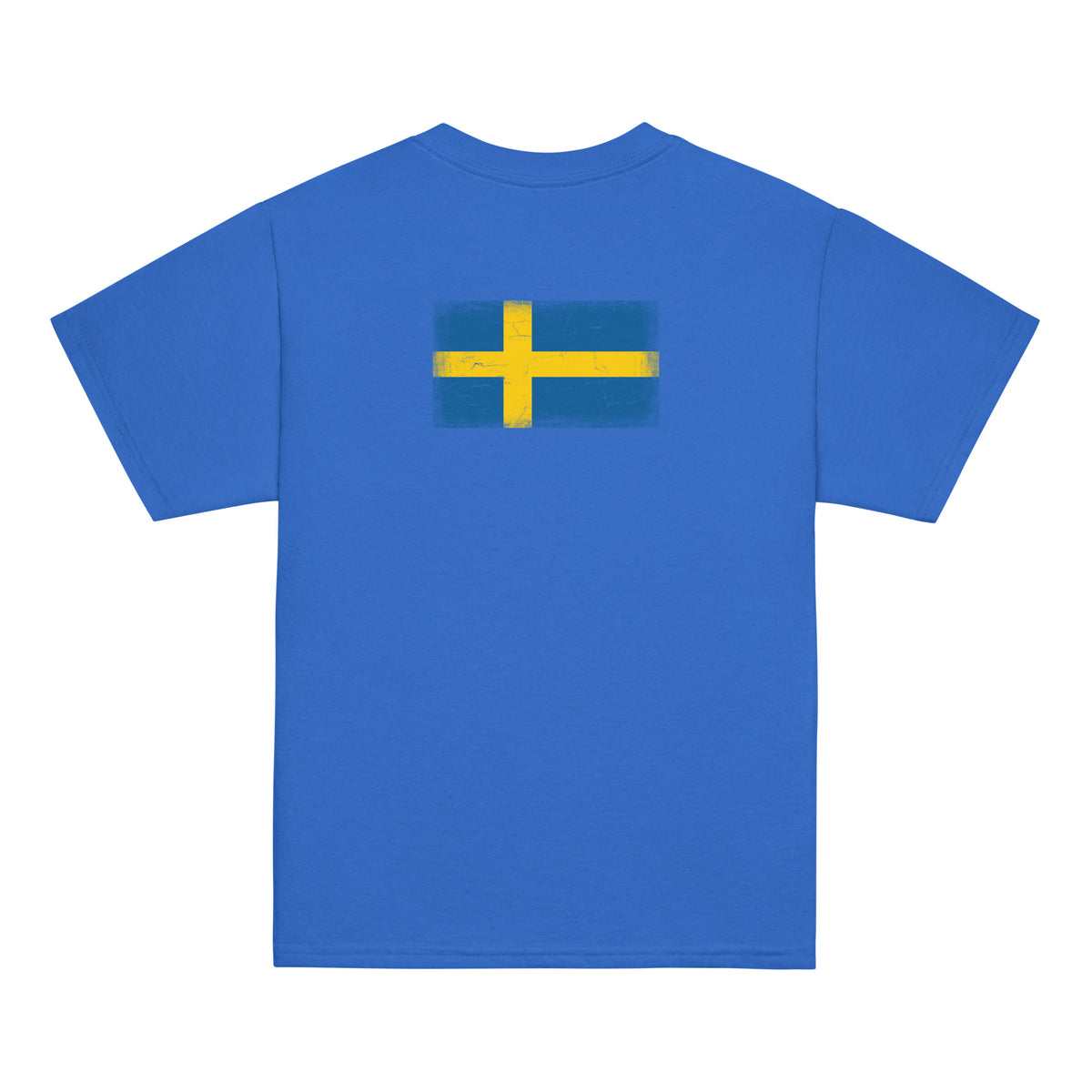 Sweden flag t-shirt in Royal, vintage-washed print, flag across the upper back, kids cut, back view