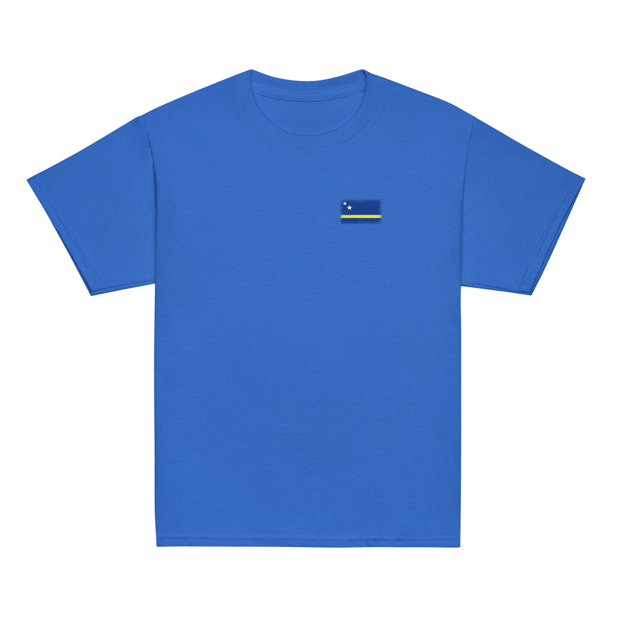 Curaçao flag t-shirt in Royal, vintage-washed print, small flag on the left chest, kids cut, front view