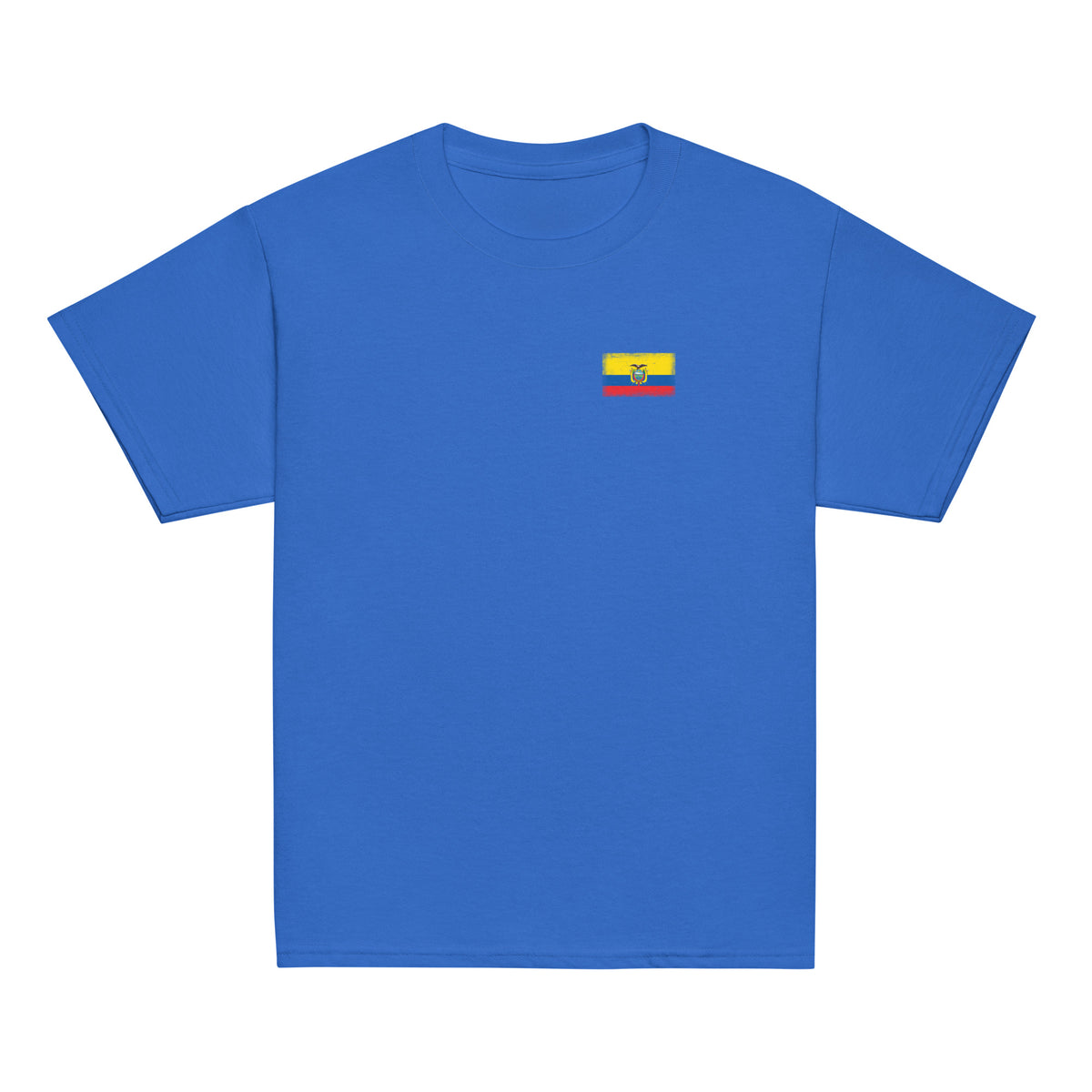 Ecuador flag t-shirt in Royal, vintage-washed print, small flag on the left chest, kids cut, front view