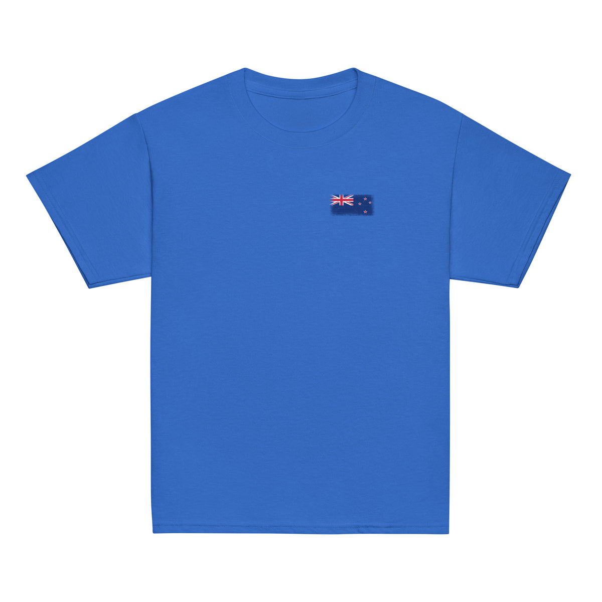 New Zealand flag t-shirt in Royal, vintage-washed print, small flag on the left chest, kids cut, front view