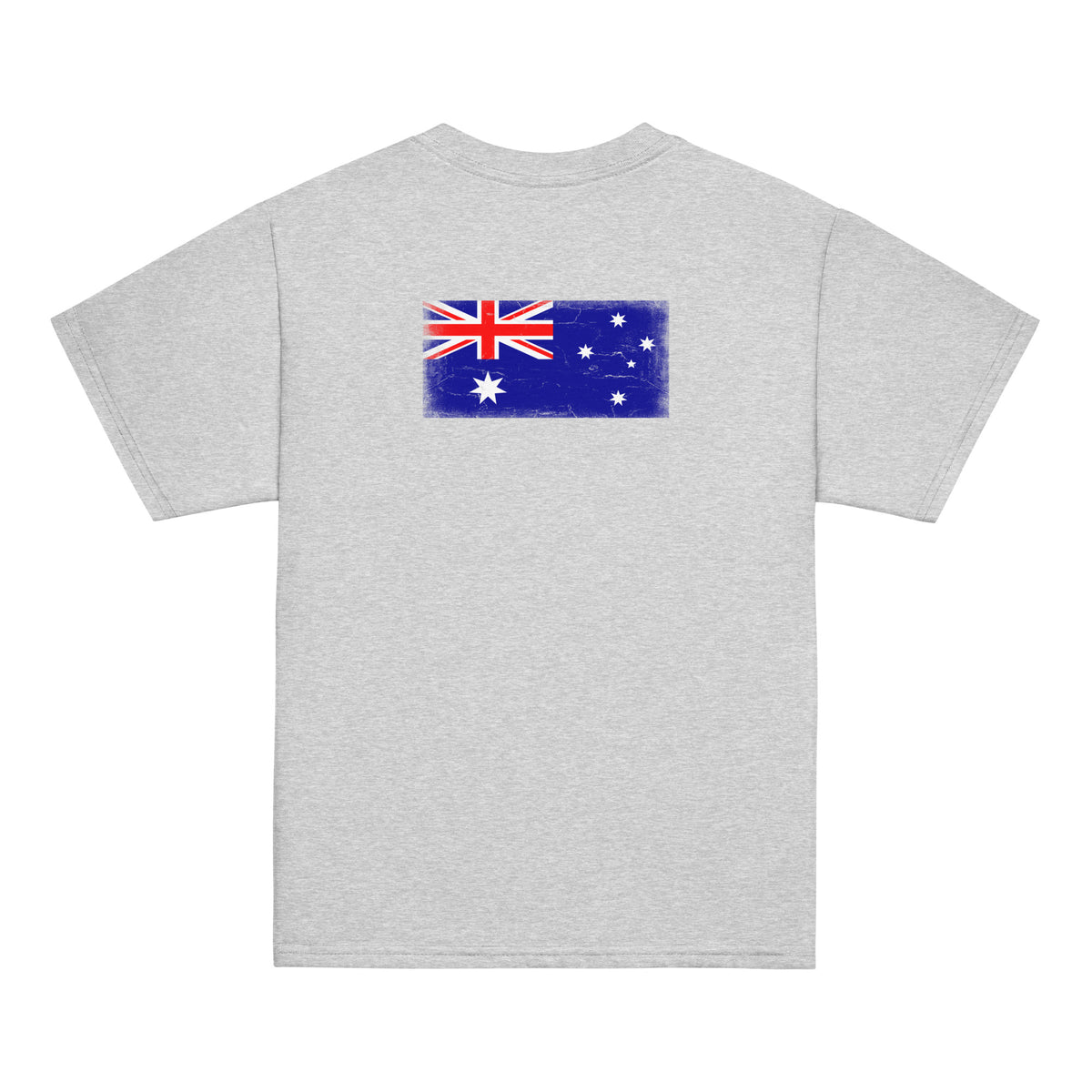 Australia flag t-shirt in Sport Grey, vintage-washed print, flag across the upper back, kids cut, back view