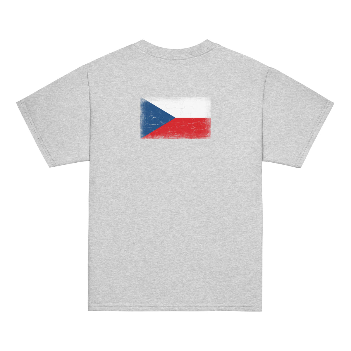 Czechia flag t-shirt in Sport Grey, vintage-washed print, flag across the upper back, kids cut, back view