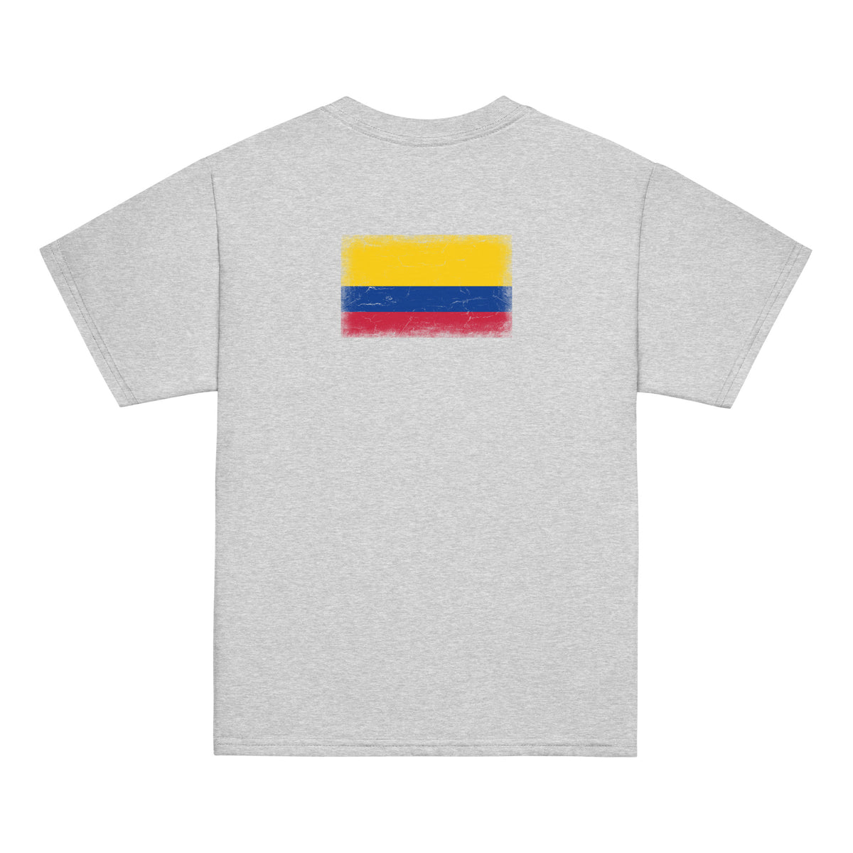 Colombia flag t-shirt in Sport Grey, vintage-washed print, flag across the upper back, kids cut, back view