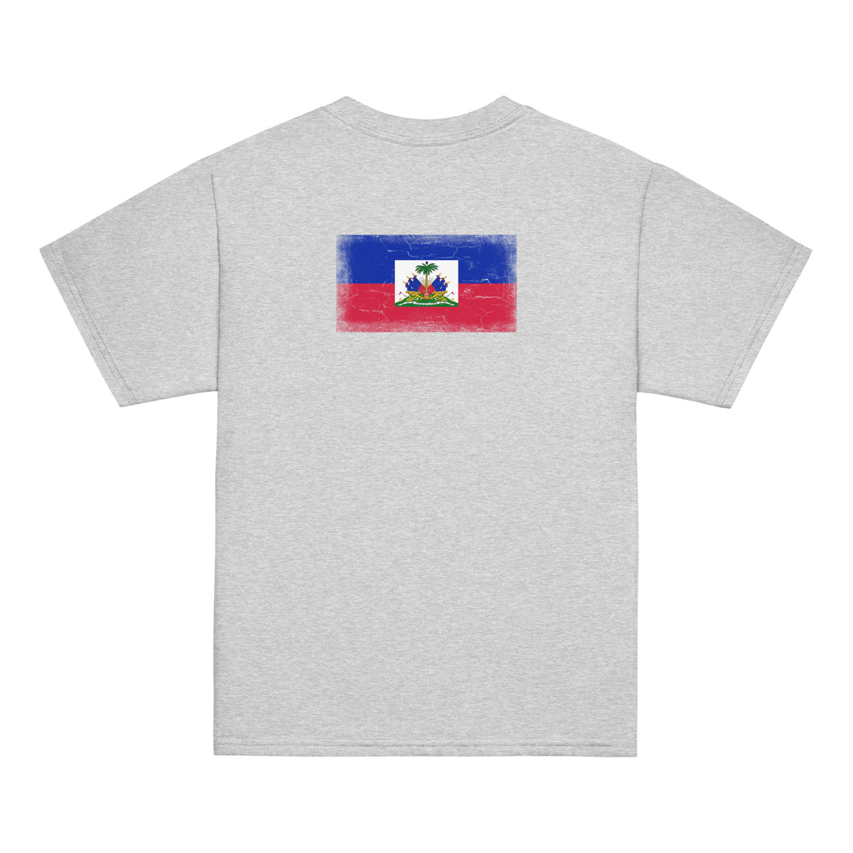 Haiti flag t-shirt in Sport Grey, vintage-washed print, flag across the upper back, kids cut, back view