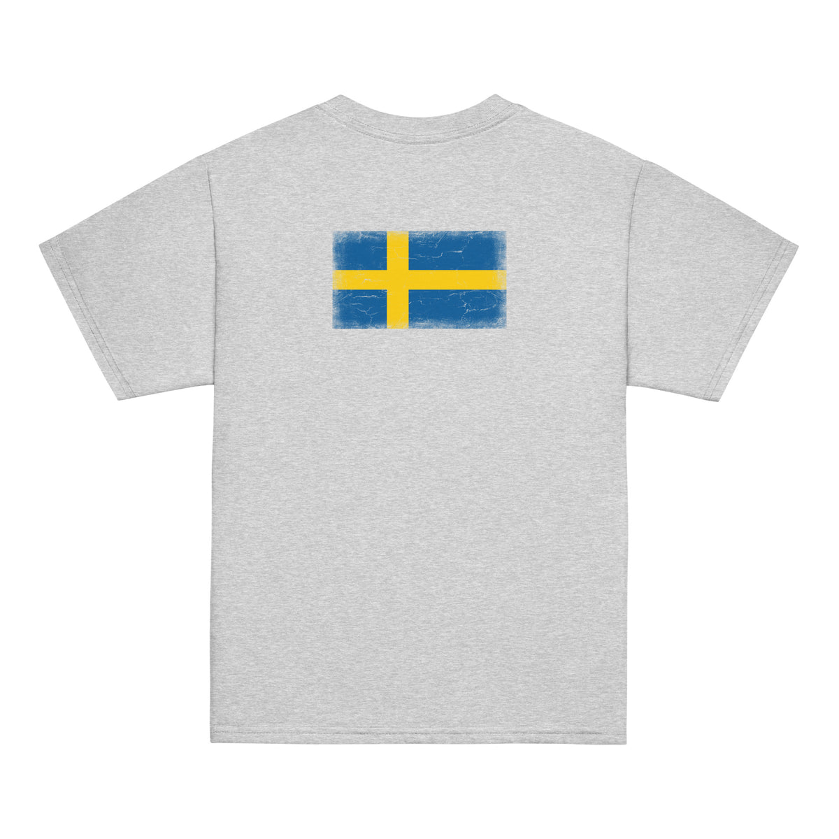 Sweden flag t-shirt in Sport Grey, vintage-washed print, flag across the upper back, kids cut, back view