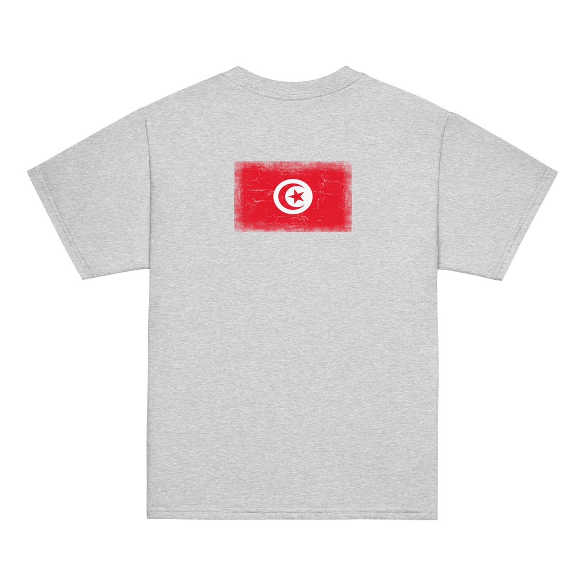 Tunisia flag t-shirt in Sport Grey, vintage-washed print, flag across the upper back, kids cut, back view