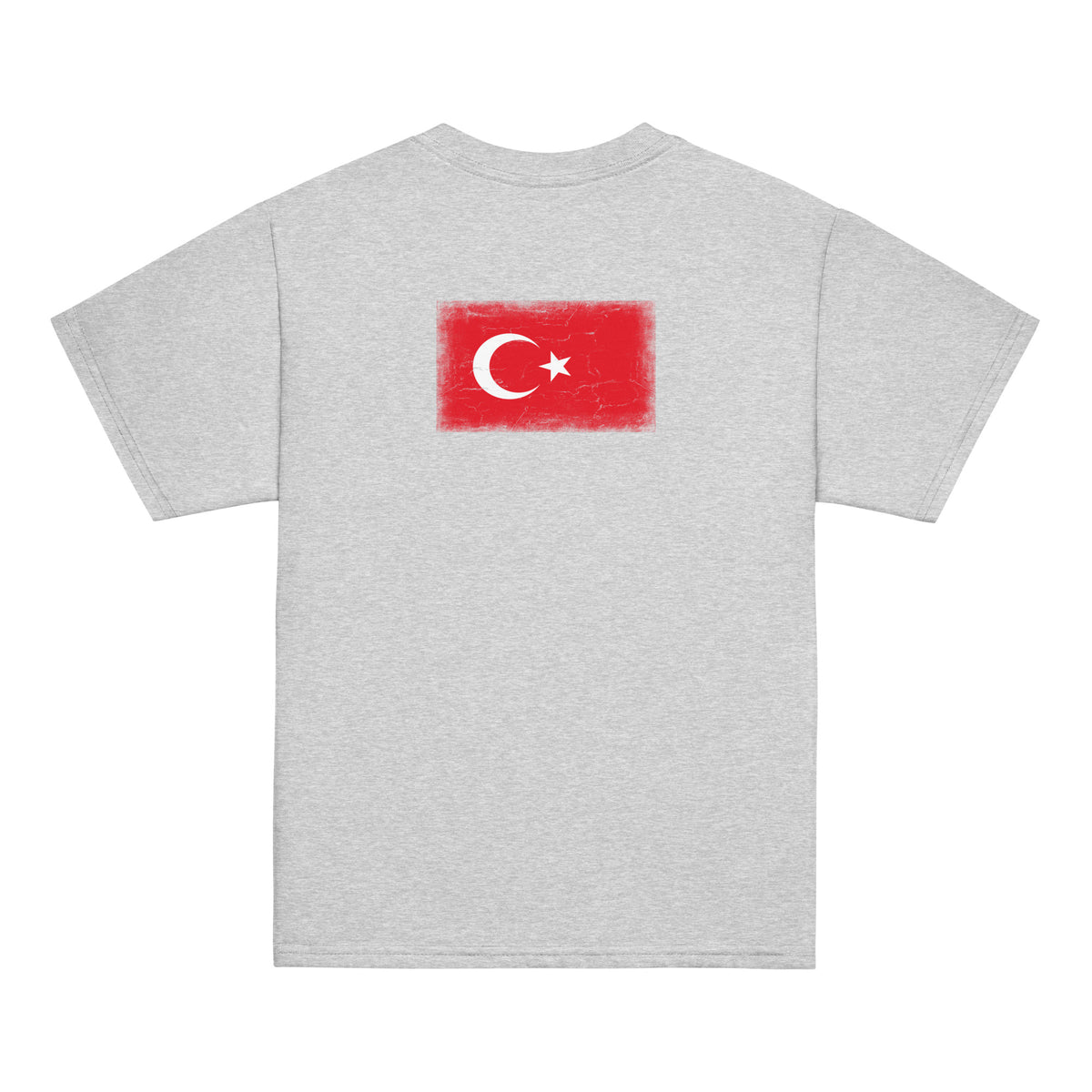 Turkey flag t-shirt in Sport Grey, vintage-washed print, flag across the upper back, kids cut, back view