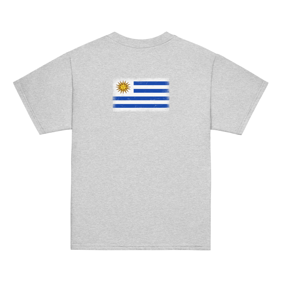 Uruguay flag t-shirt in Sport Grey, vintage-washed print, flag across the upper back, kids cut, back view