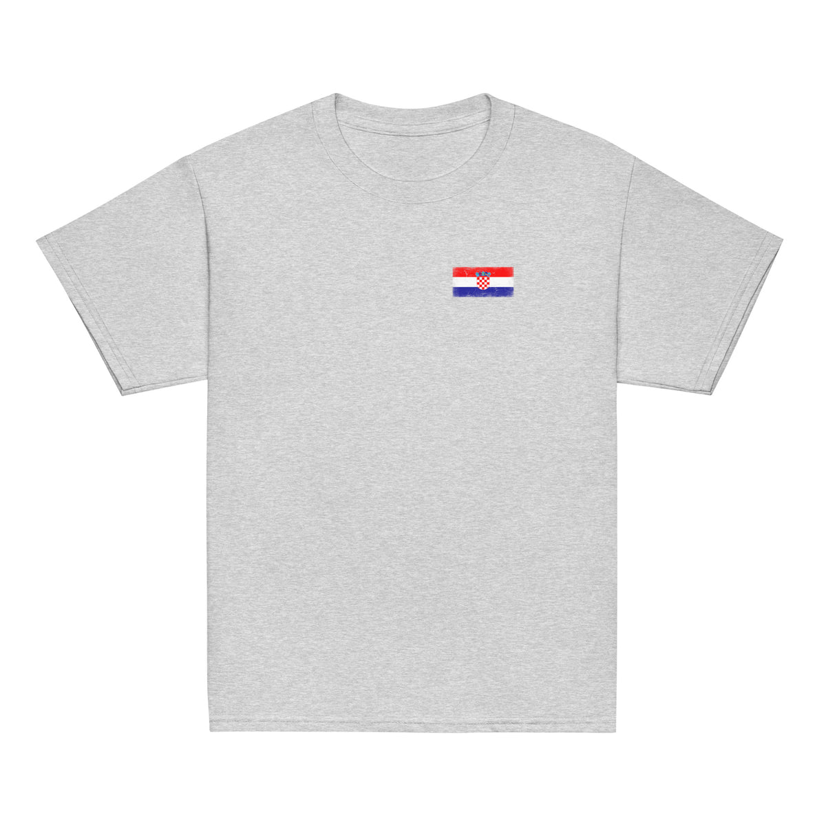 Croatia flag t-shirt in Sport Grey, vintage-washed print, small flag on the left chest, kids cut, front view