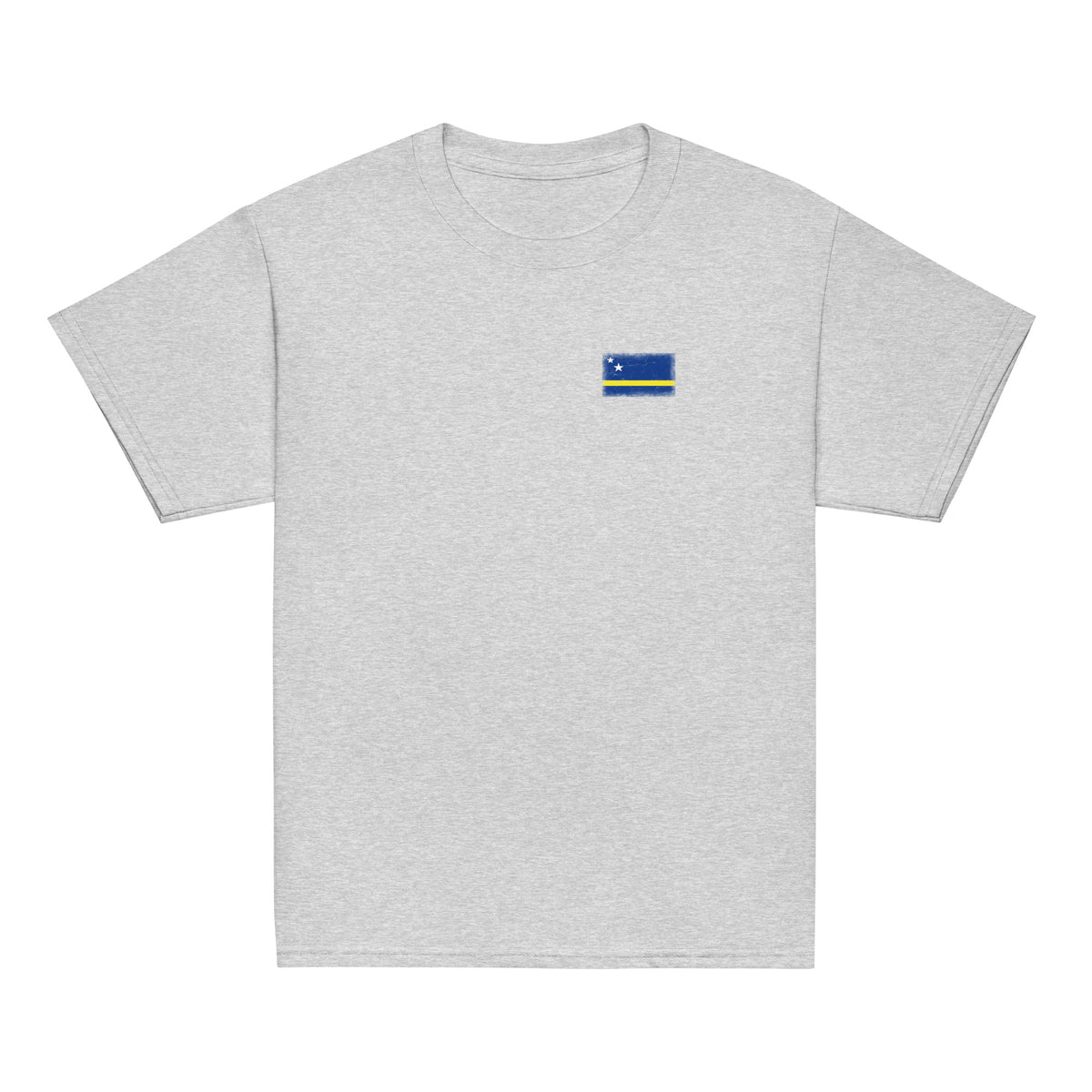 Curaçao flag t-shirt in Sport Grey, vintage-washed print, small flag on the left chest, kids cut, front view