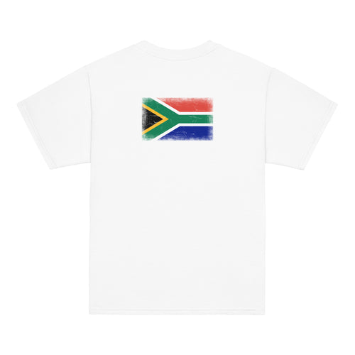 South Africa flag t-shirt in White, vintage-washed print, flag across the upper back, kids cut, back view
