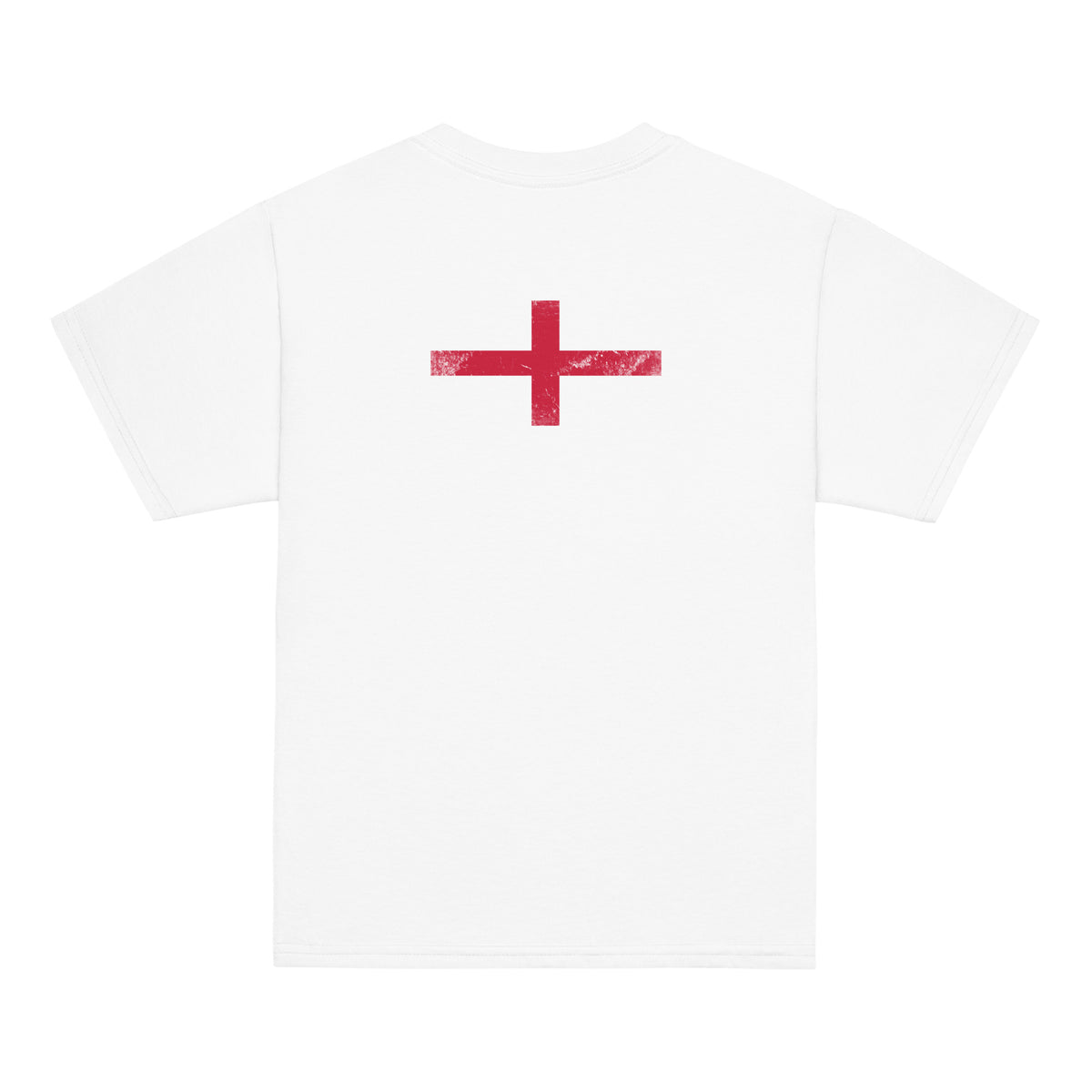 England flag t-shirt in White, vintage-washed print, flag across the upper back, kids cut, back view