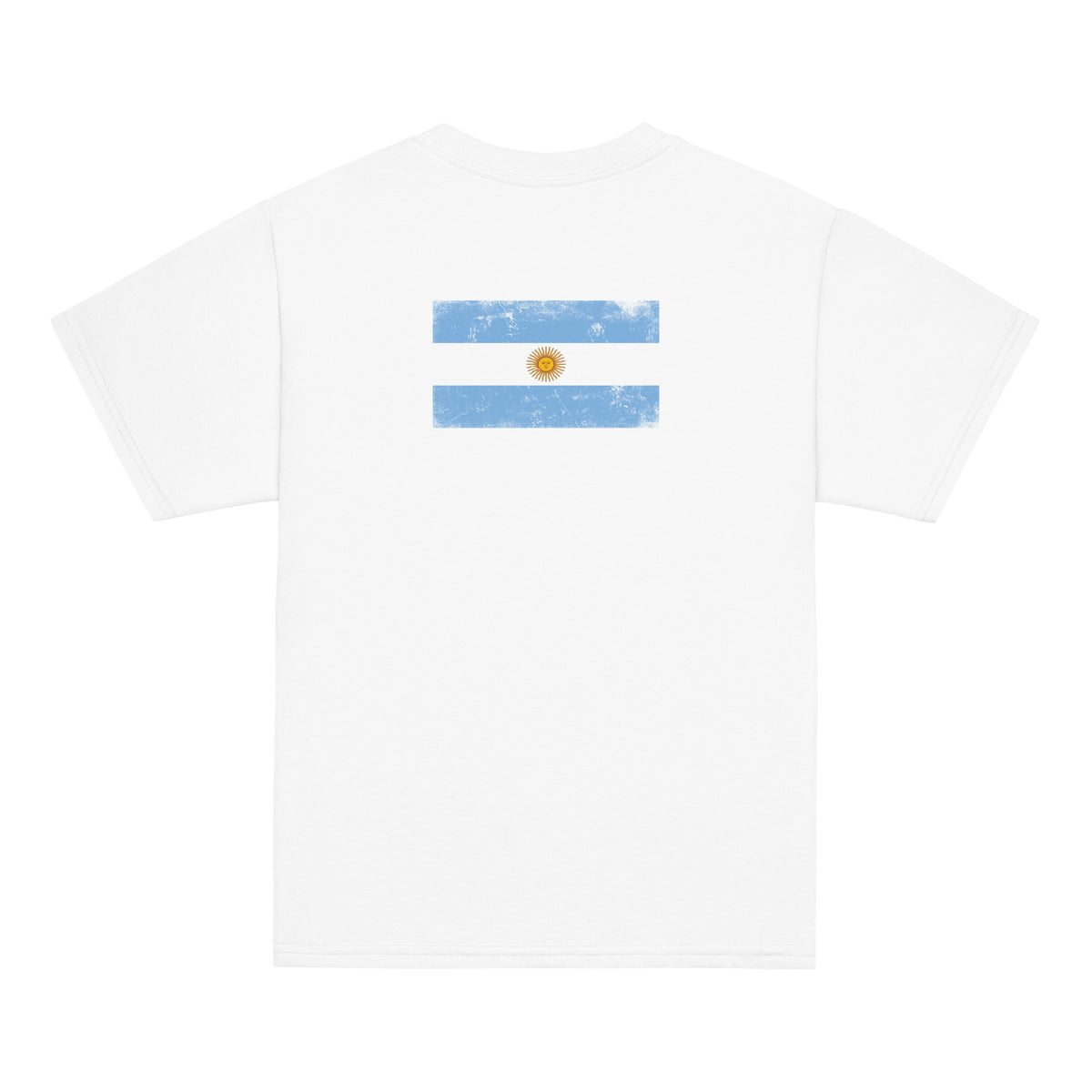 Argentina flag t-shirt in White, vintage-washed print, flag across the upper back, kids cut, back view