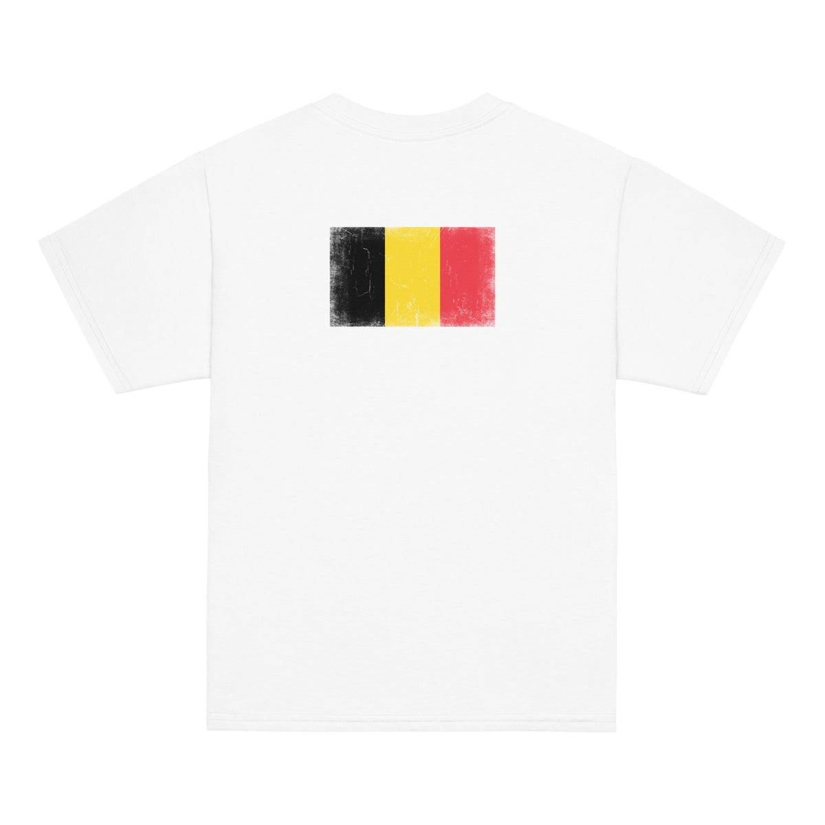 Belgium flag t-shirt in White, vintage-washed print, flag across the upper back, kids cut, back view