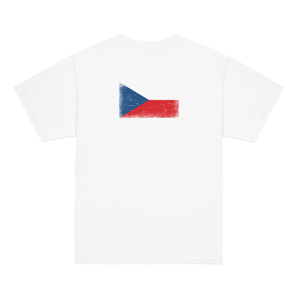 Czechia flag t-shirt in White, vintage-washed print, flag across the upper back, kids cut, back view