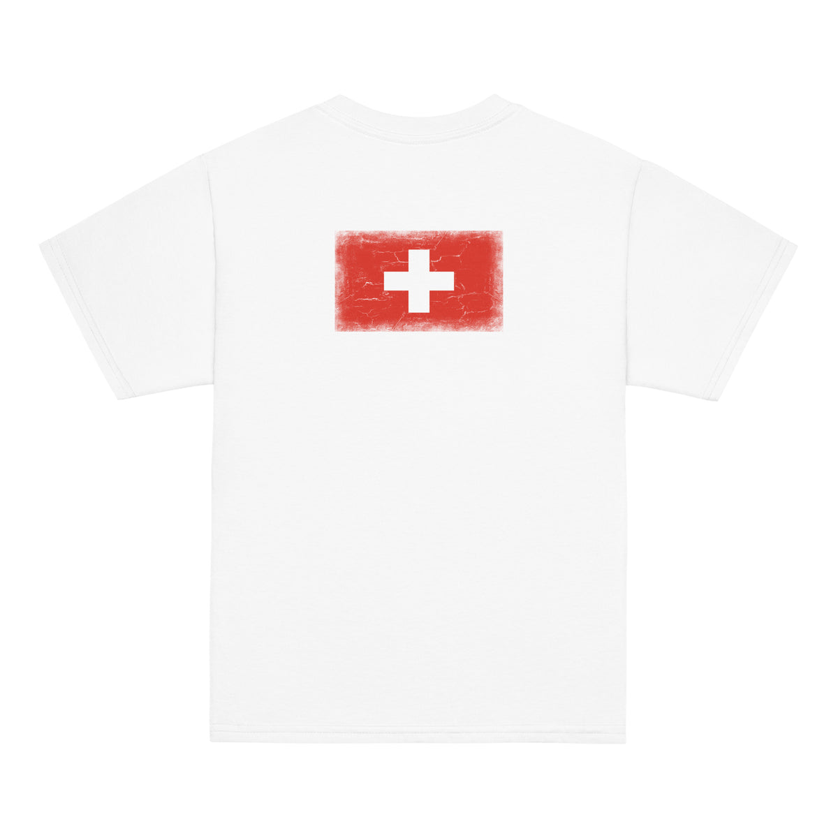 Switzerland flag t-shirt in White, vintage-washed print, flag across the upper back, kids cut, back view