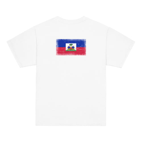 Haiti flag t-shirt in White, vintage-washed print, flag across the upper back, kids cut, back view