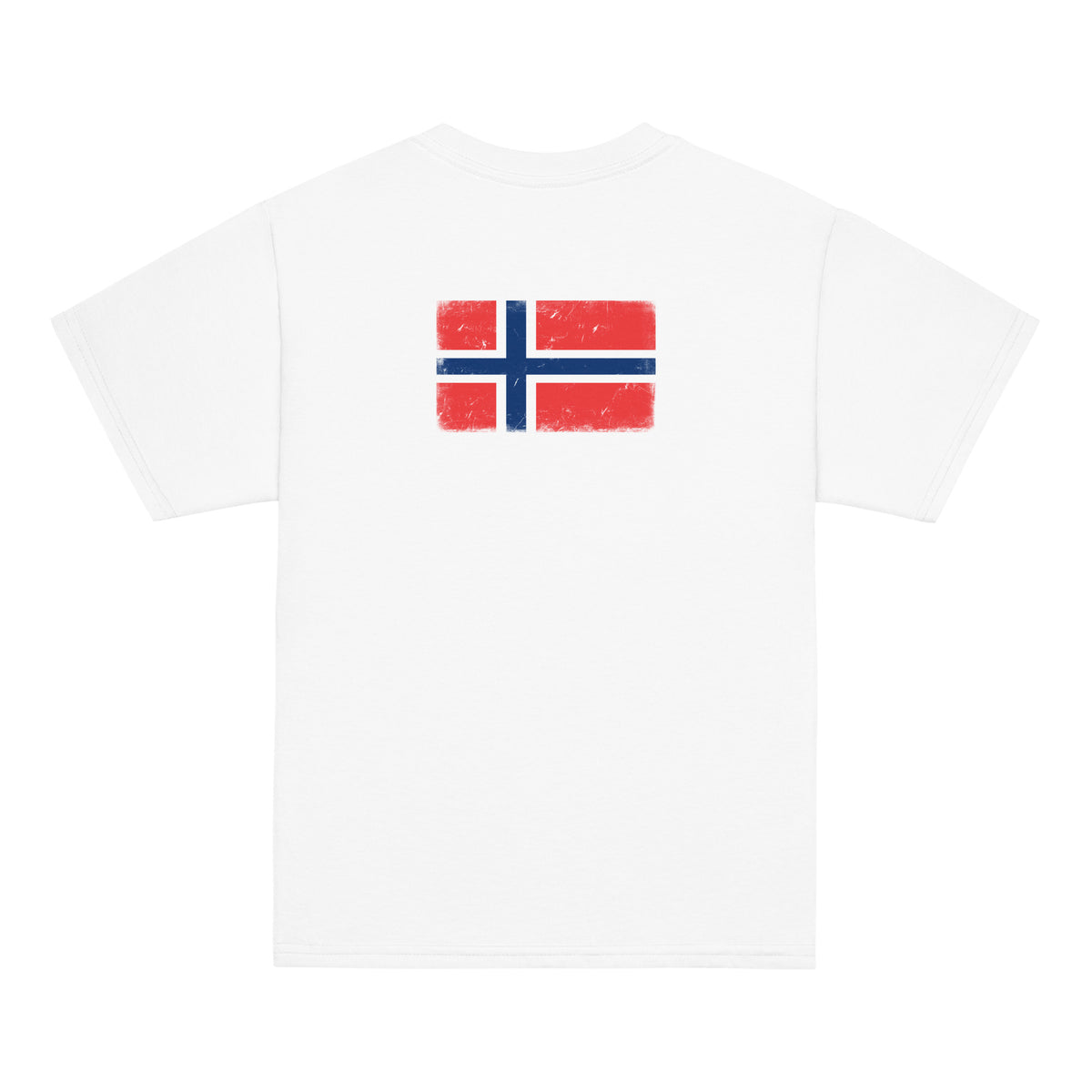 Norway flag t-shirt in White, vintage-washed print, flag across the upper back, kids cut, back view