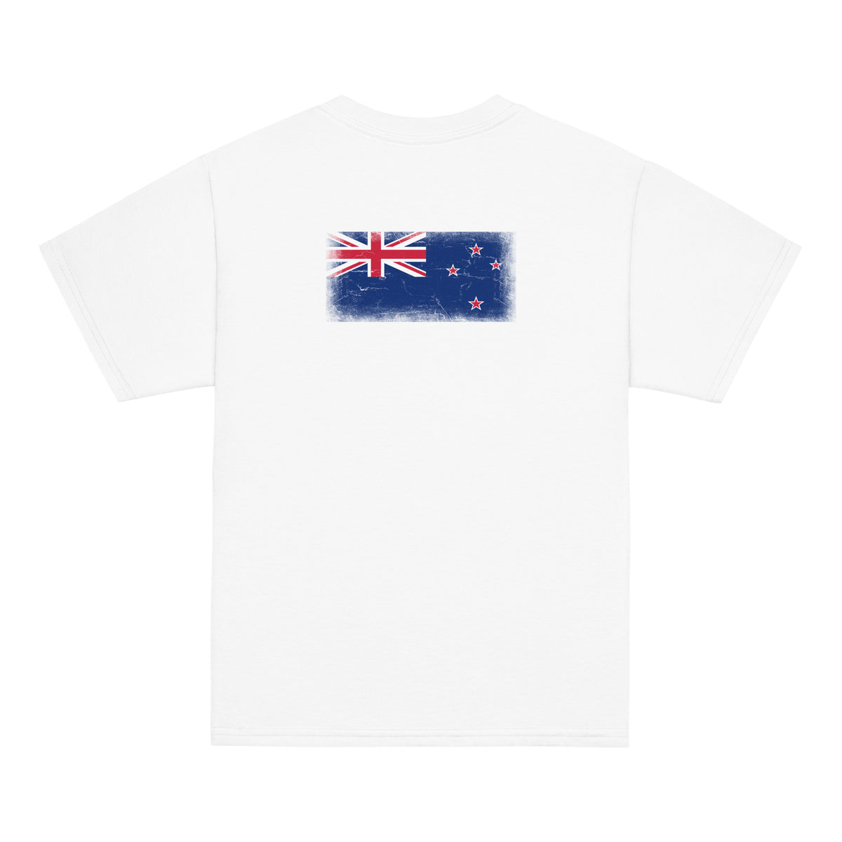 New Zealand flag t-shirt in White, vintage-washed print, flag across the upper back, kids cut, back view