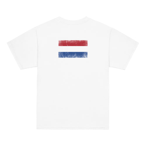 Netherlands flag t-shirt in White, vintage-washed print, flag across the upper back, kids cut, back view