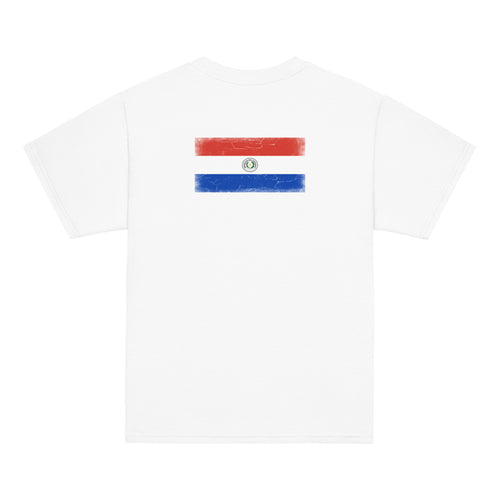 Paraguay flag t-shirt in White, vintage-washed print, flag across the upper back, kids cut, back view