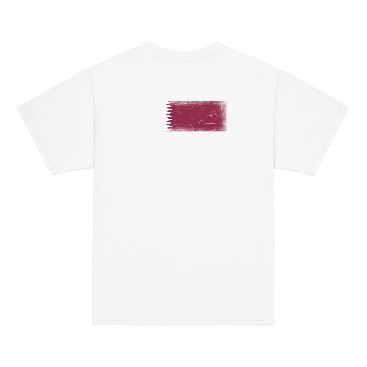 Qatar flag t-shirt in White, vintage-washed print, flag across the upper back, kids cut, back view