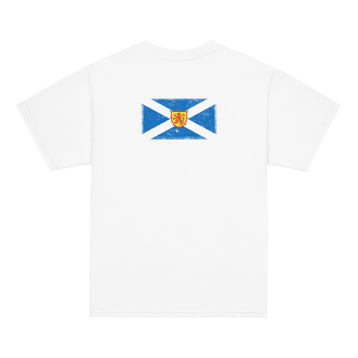 Scotland flag t-shirt in White, vintage-washed print, flag across the upper back, kids cut, back view