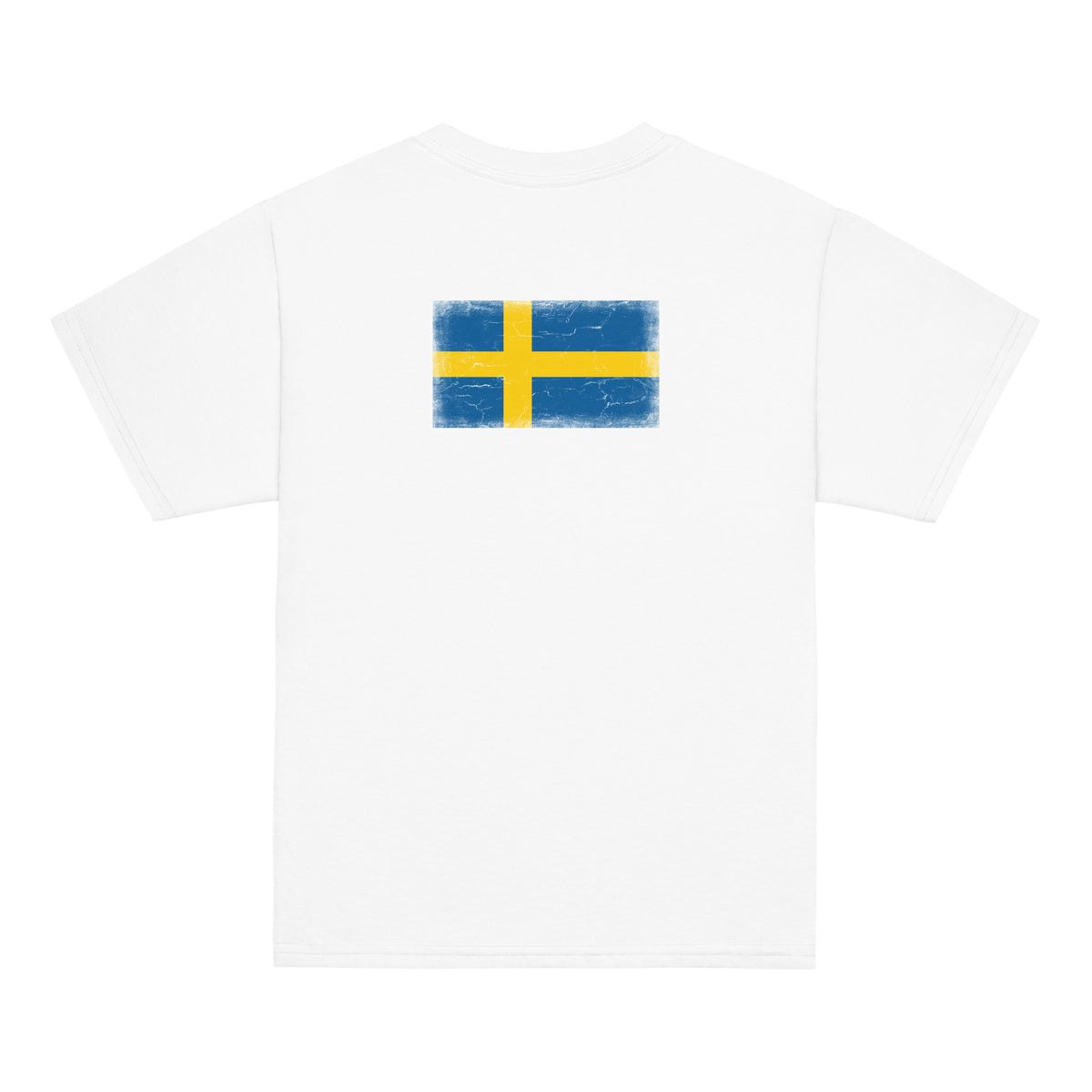 Sweden flag t-shirt in White, vintage-washed print, flag across the upper back, kids cut, back view