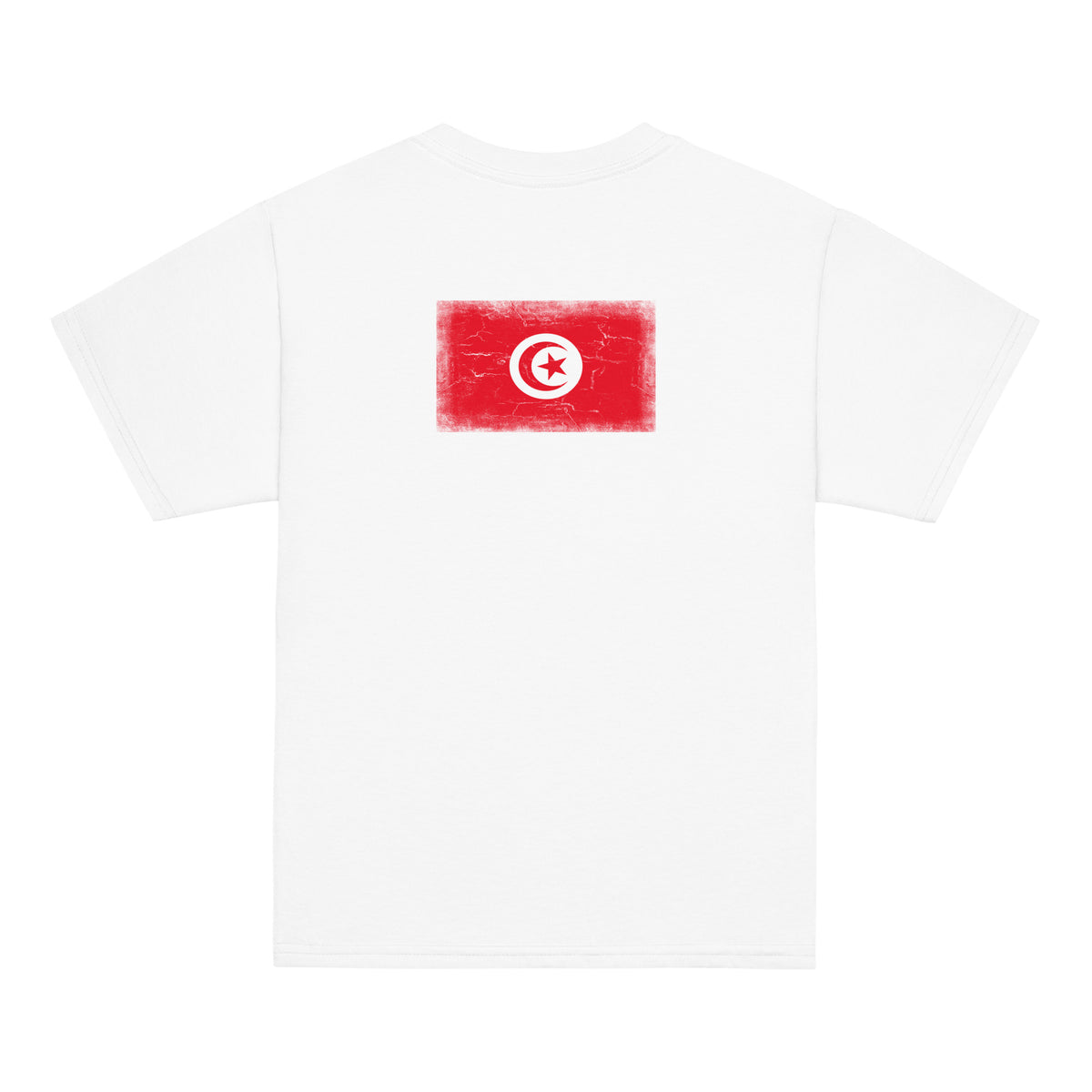 Tunisia flag t-shirt in White, vintage-washed print, flag across the upper back, kids cut, back view