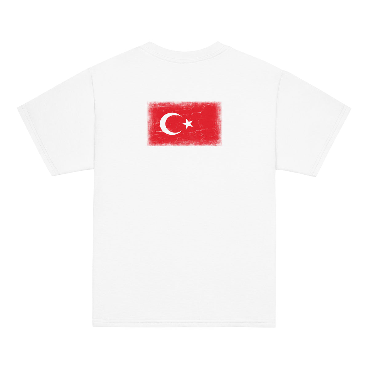 Turkey flag t-shirt in White, vintage-washed print, flag across the upper back, kids cut, back view