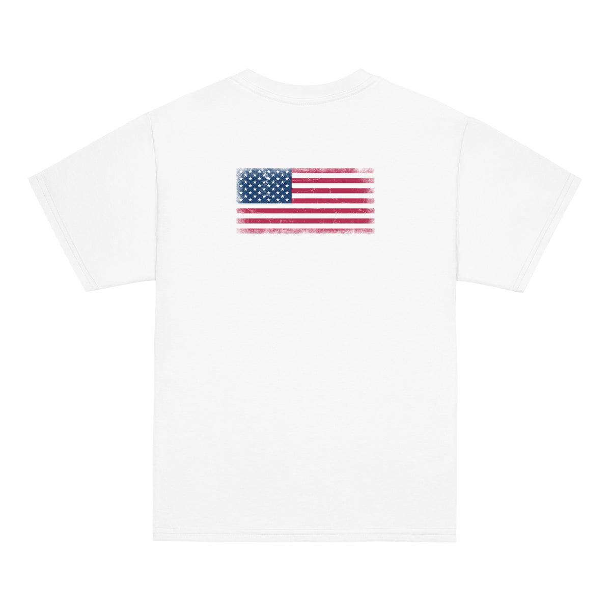 USA flag t-shirt in White, vintage-washed print, flag across the upper back, kids cut, back view