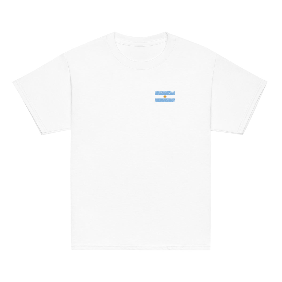 Argentina flag t-shirt in White, vintage-washed print, small flag on the left chest, kids cut, front view