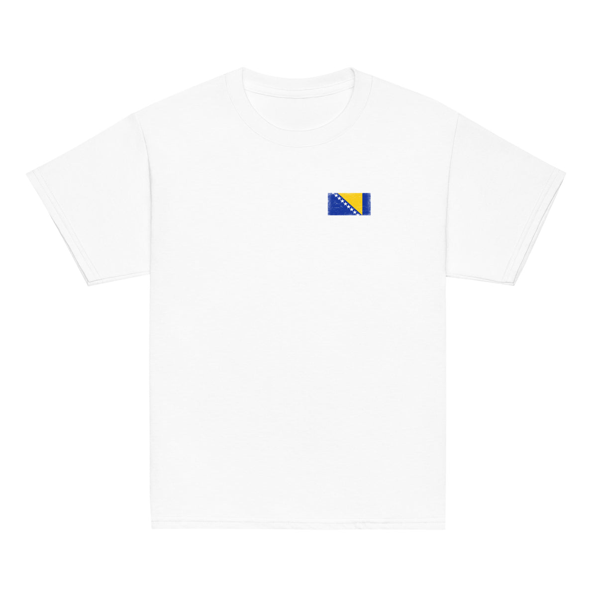 Bosnia and Herzegovina flag t-shirt in White, vintage-washed print, small flag on the left chest, kids cut, front view