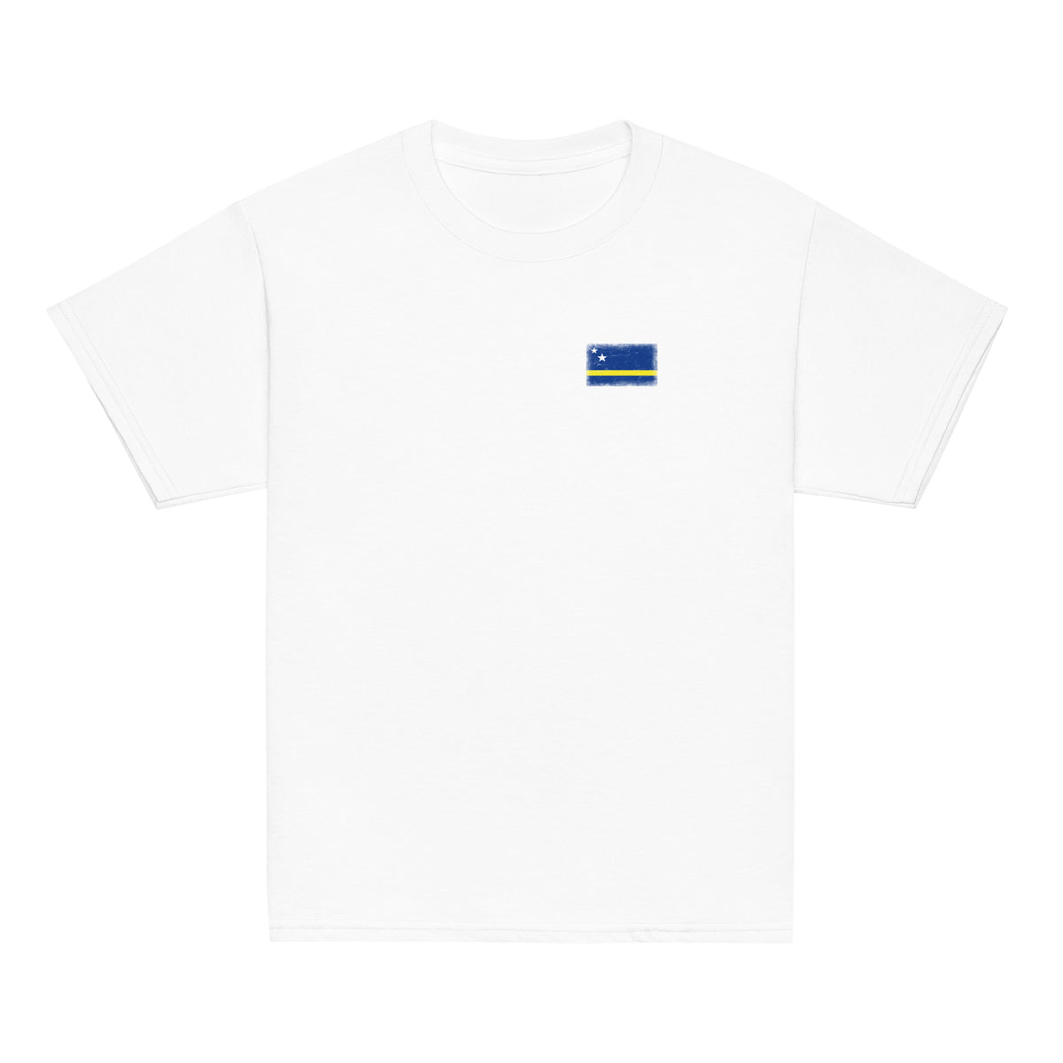 Curaçao flag t-shirt in White, vintage-washed print, small flag on the left chest, kids cut, front view