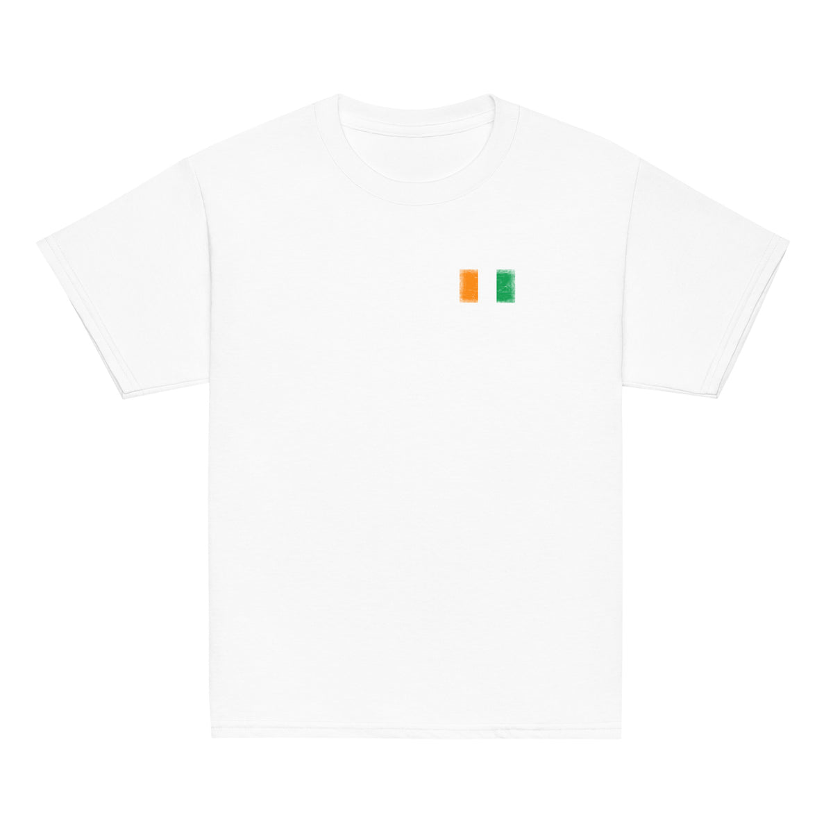 Côte d'Ivoire flag t-shirt in White, vintage-washed print, small flag on the left chest, kids cut, front view
