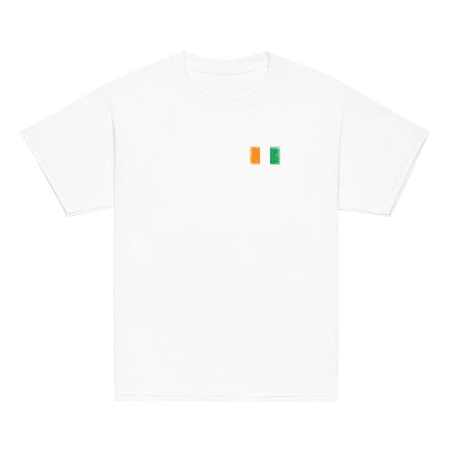 Côte d'Ivoire flag t-shirt in White, vintage-washed print, small flag on the left chest, kids cut, front view