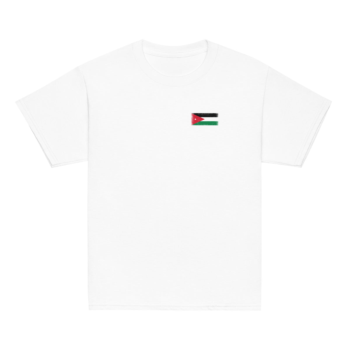 Jordan flag t-shirt in White, vintage-washed print, small flag on the left chest, kids cut, front view